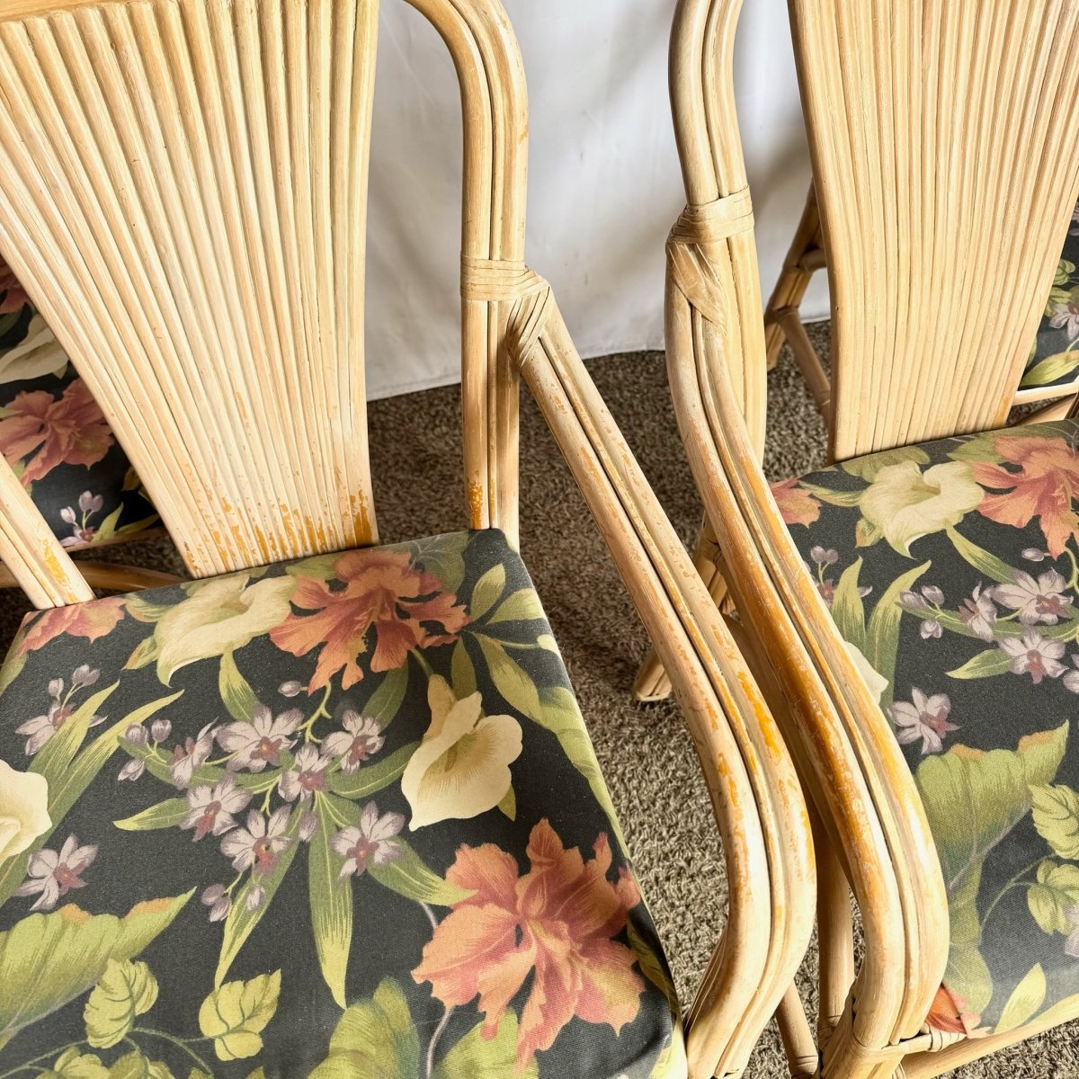 Vintage Washed Rattan Floral Dining Arm Chairs - Set of 4 - Dolphin & Flamingo