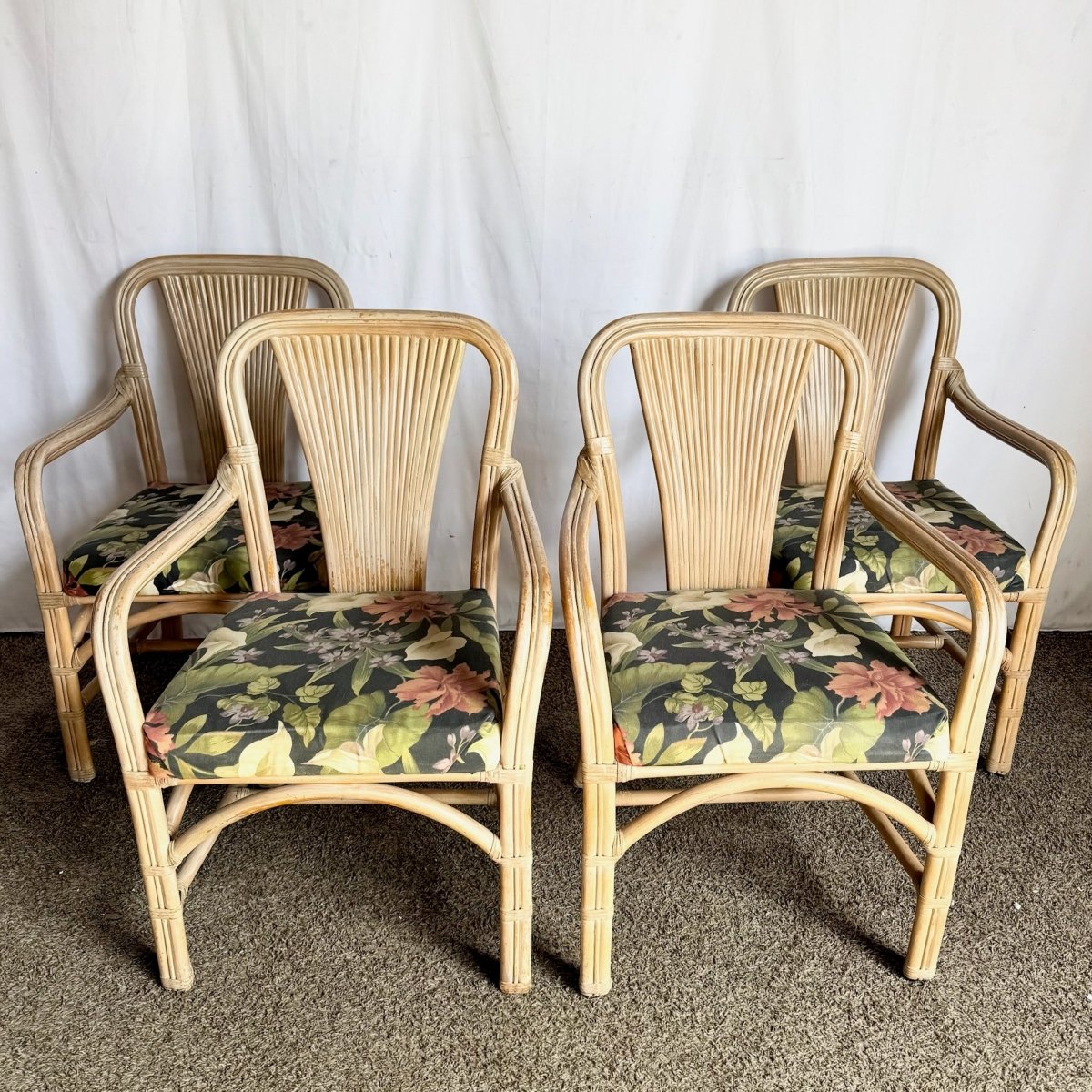 Vintage Washed Rattan Floral Dining Arm Chairs - Set of 4 - Dolphin & Flamingo