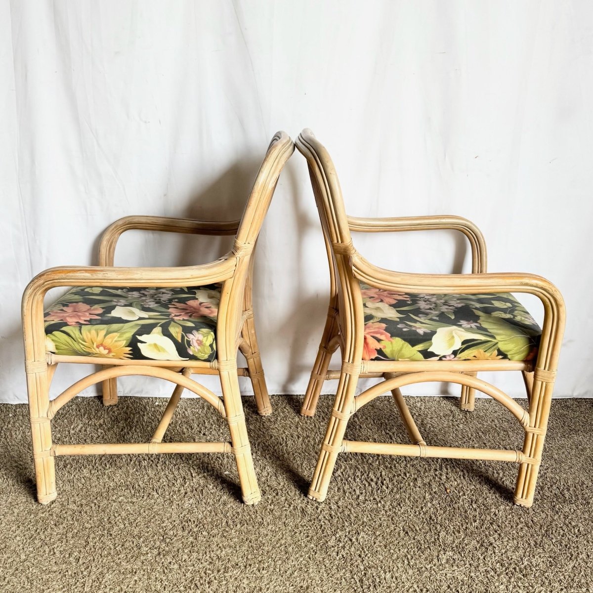Vintage Washed Rattan Floral Dining Arm Chairs - Set of 4 - Dolphin & Flamingo