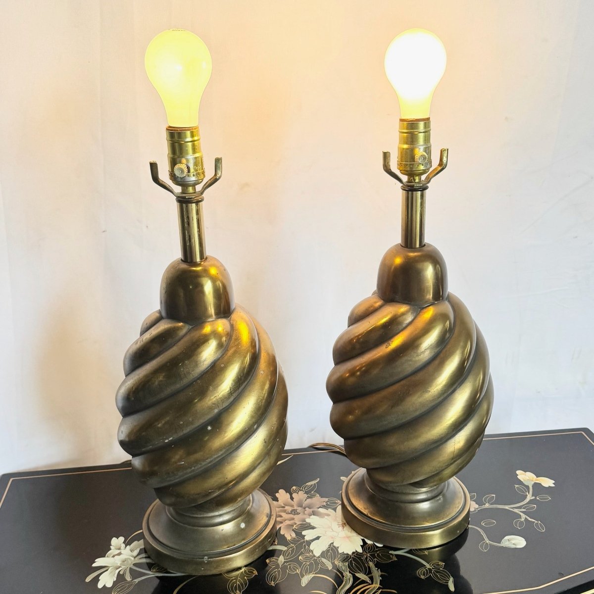 Vintage Westwood Industries Brass Swirl Behave Table Lamps - A Pair - Dolphin & Flamingo