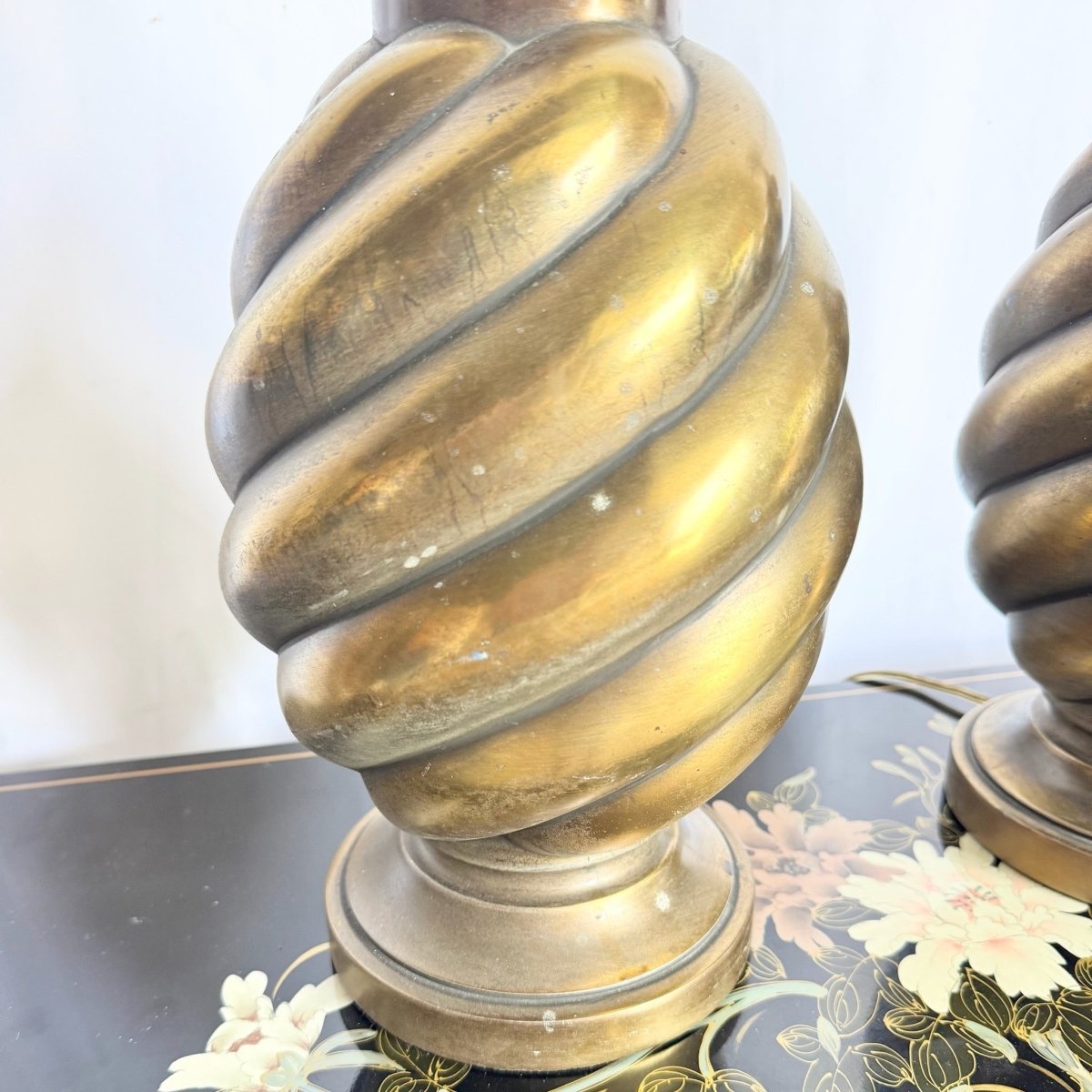 Vintage Westwood Industries Brass Swirl Behave Table Lamps - A Pair - Dolphin & Flamingo