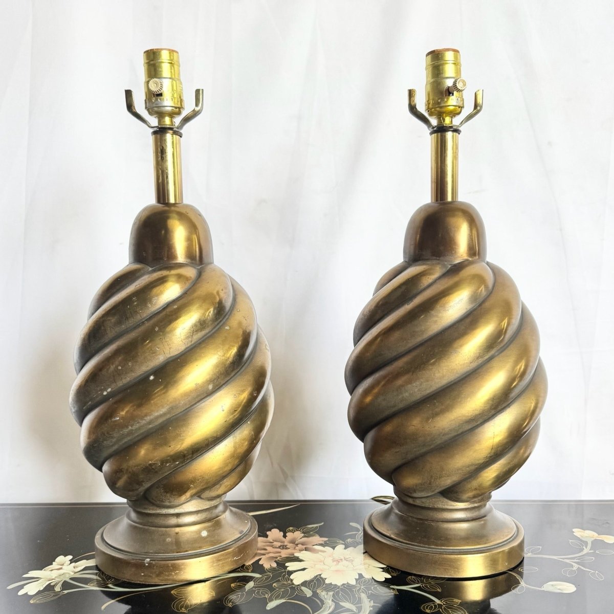 Vintage Westwood Industries Brass Swirl Behave Table Lamps - A Pair - Dolphin & Flamingo