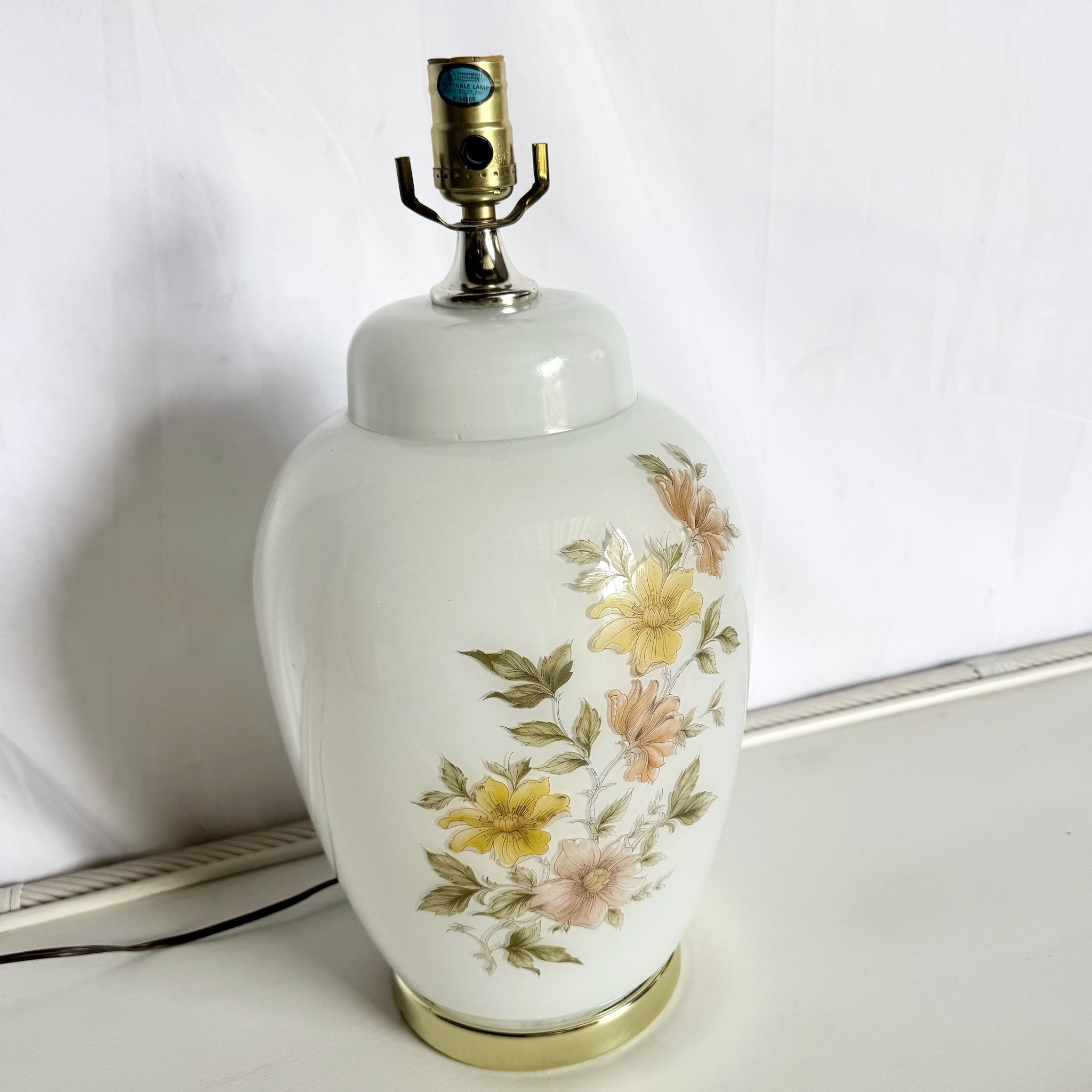Vintage White and Glass Table Lamp on Gold Base With Hand Painted Flowers - Dolphin & Flamingo