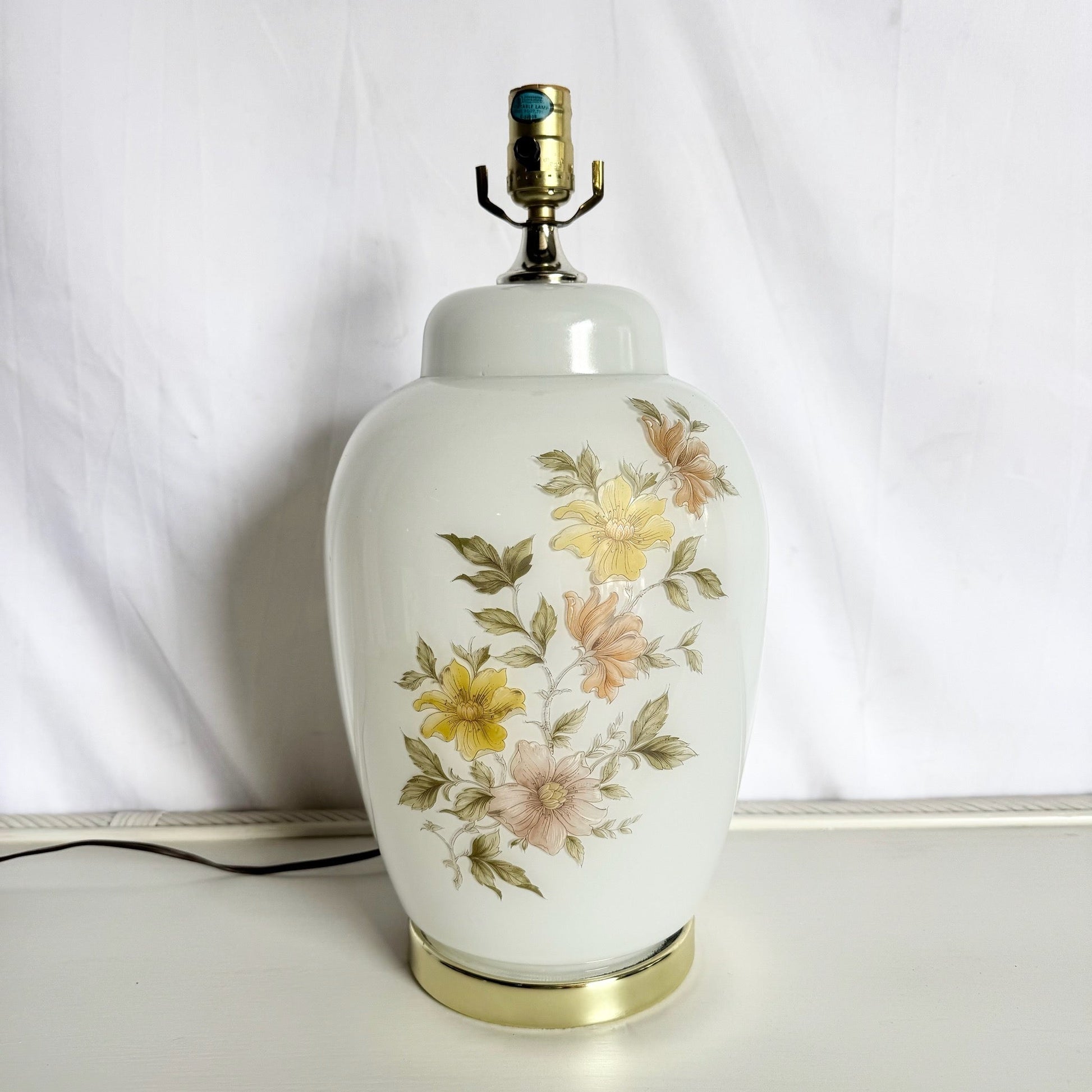 Vintage White and Glass Table Lamp on Gold Base With Hand Painted Flowers - Dolphin & Flamingo