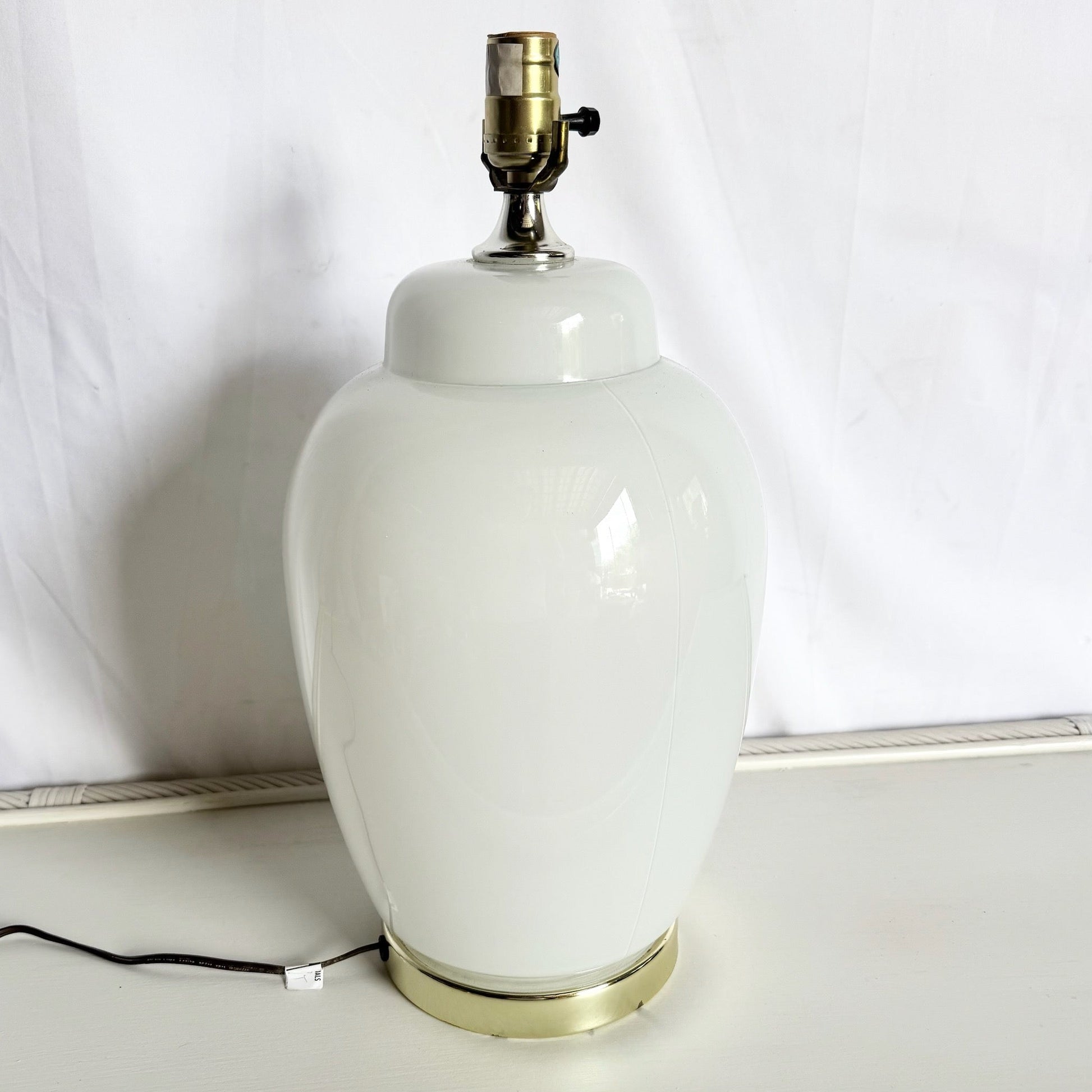 Vintage White and Glass Table Lamp on Gold Base With Hand Painted Flowers - Dolphin & Flamingo
