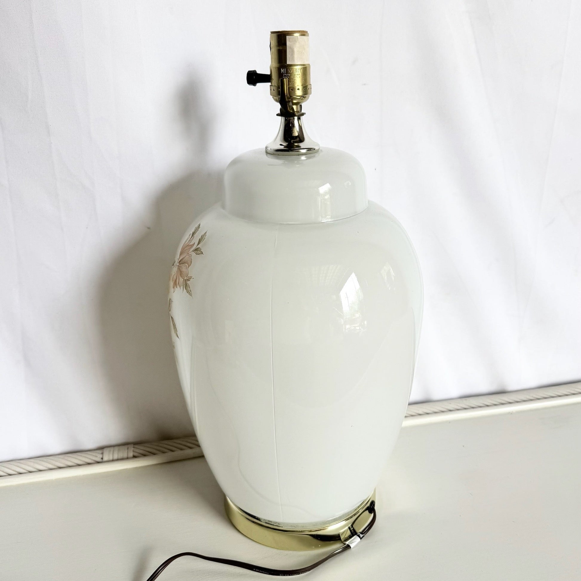 Vintage White and Glass Table Lamp on Gold Base With Hand Painted Flowers - Dolphin & Flamingo