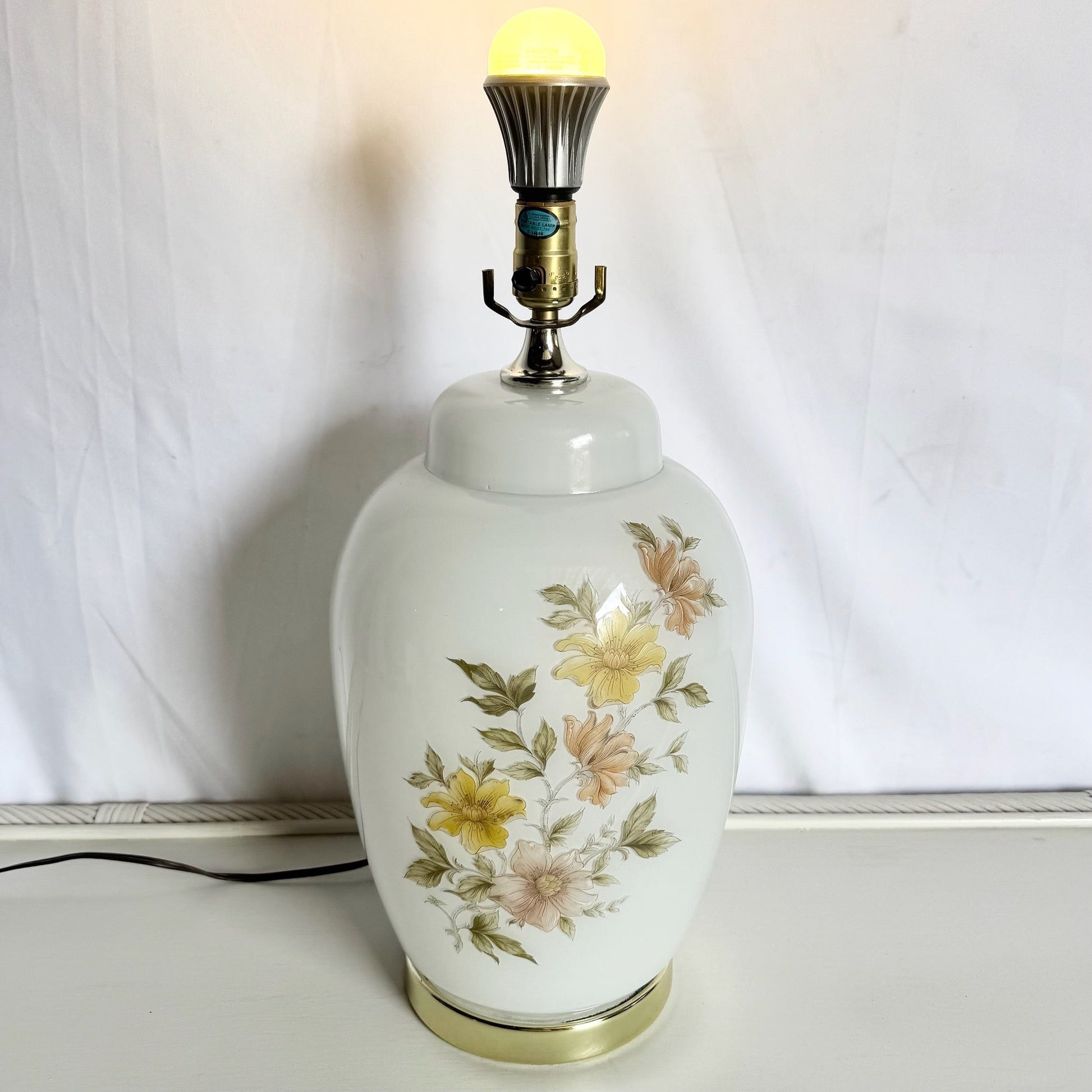 Vintage White and Glass Table Lamp on Gold Base With Hand Painted Flowers - Dolphin & Flamingo