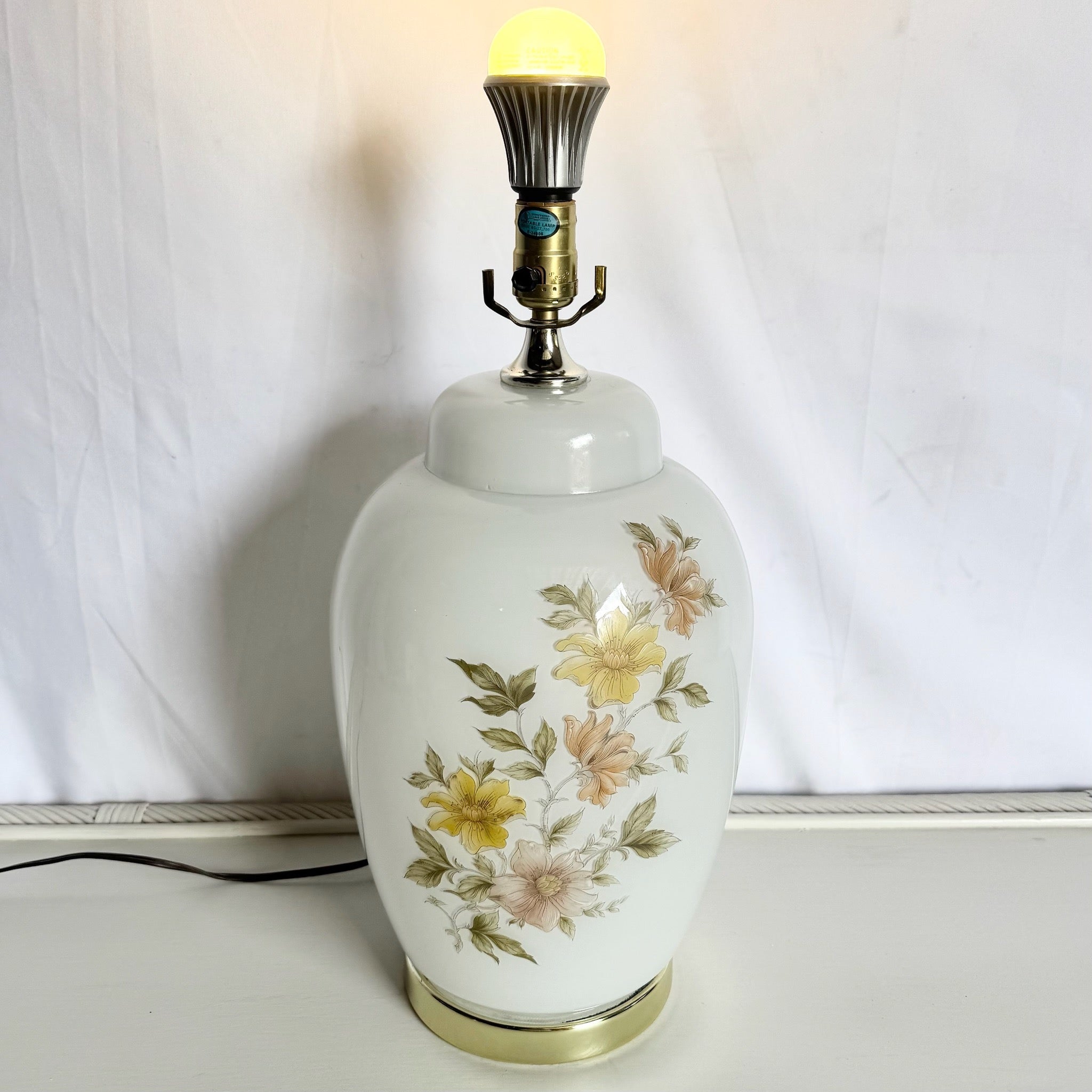 Vintage White and Glass Table Lamp on Gold Base With Hand Painted Flowers - Dolphin & Flamingo