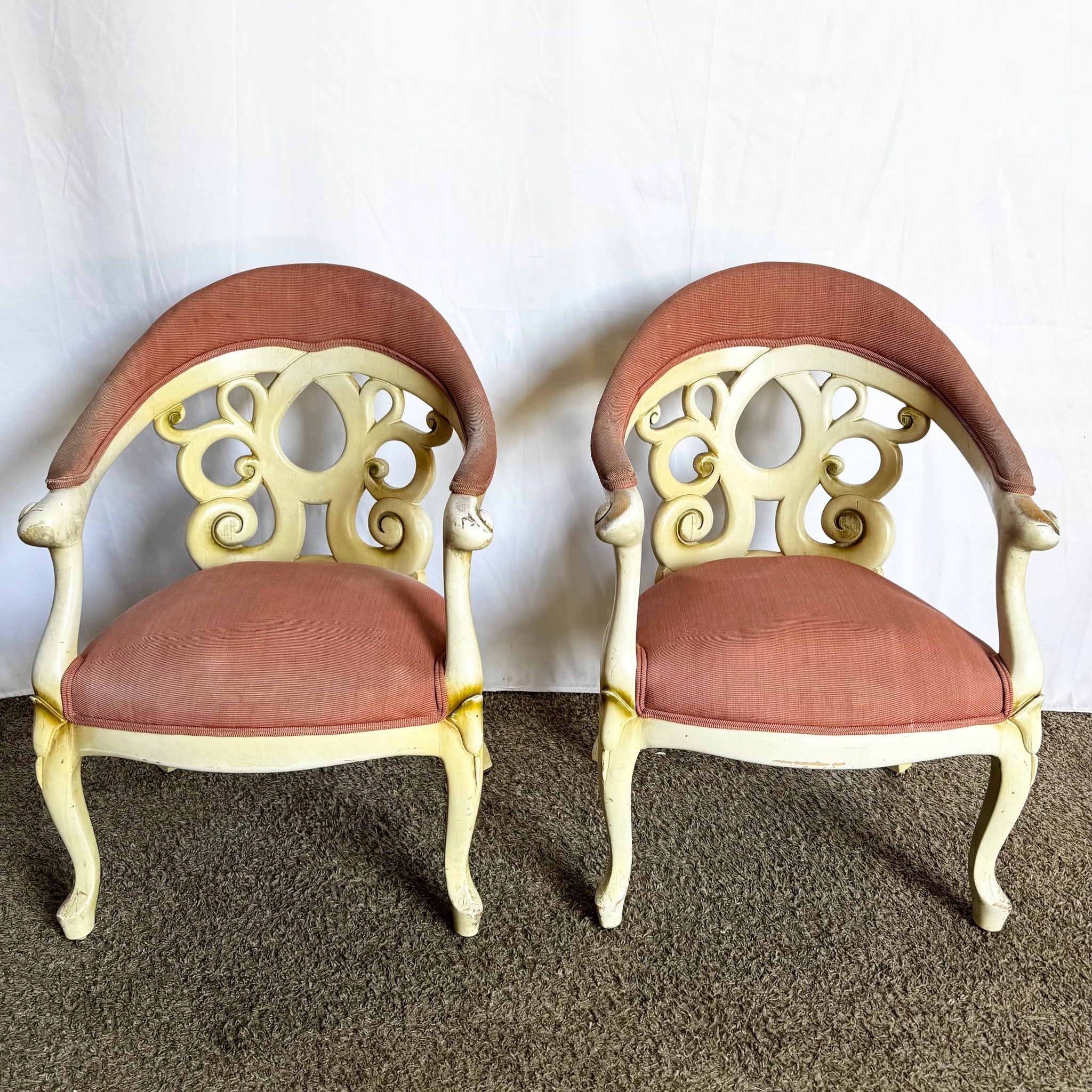 Vintage White and Pink David Barrett Arm Chairs - A Pair - Dolphin & Flamingo