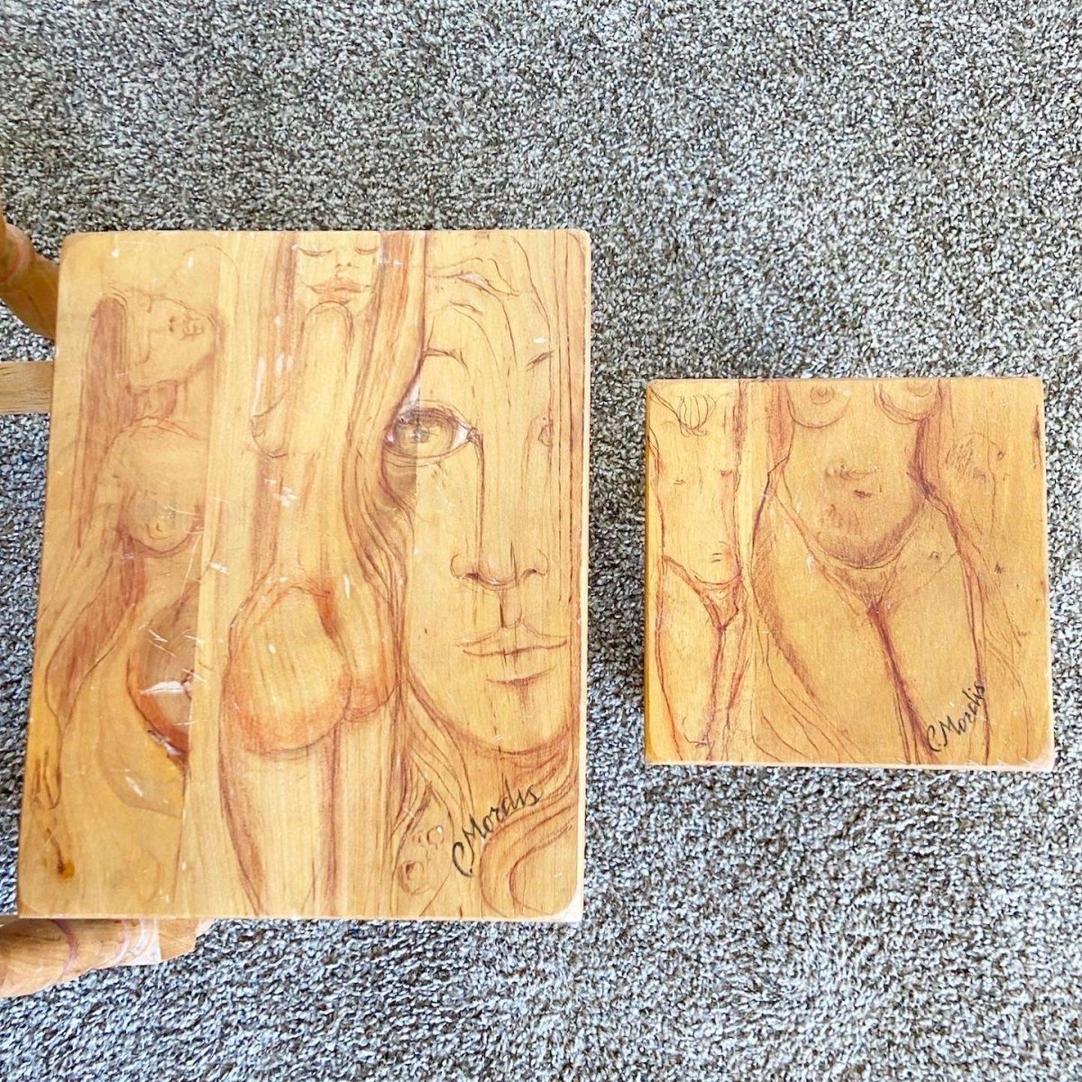 Vintage Wooden Hand Drawn Female Body Form Nesting Tables - Set of 4 - Dolphin & Flamingo