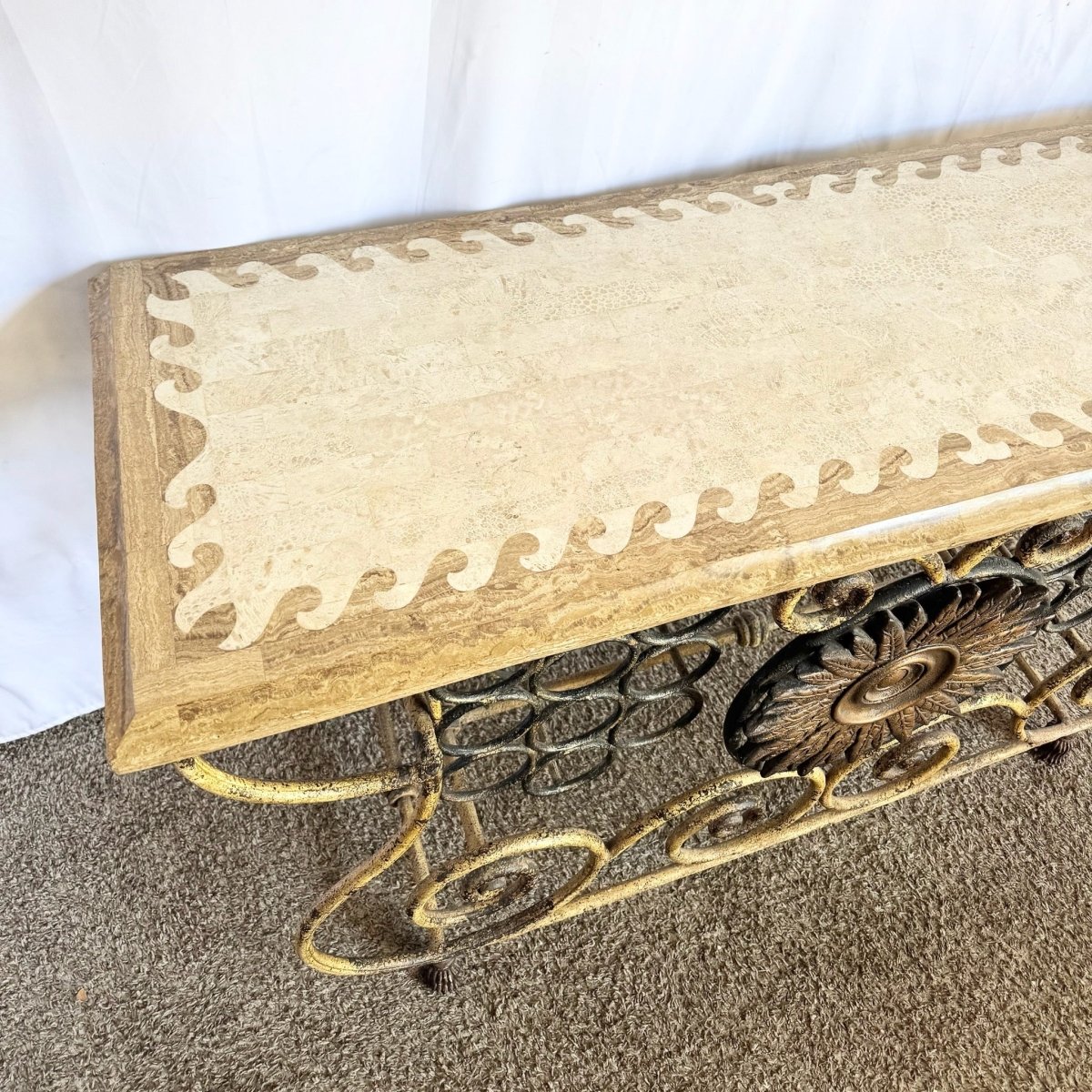 Vintage Wrought Iron Console Table With Tessellated Stone Top and Wine Rack - Dolphin & Flamingo