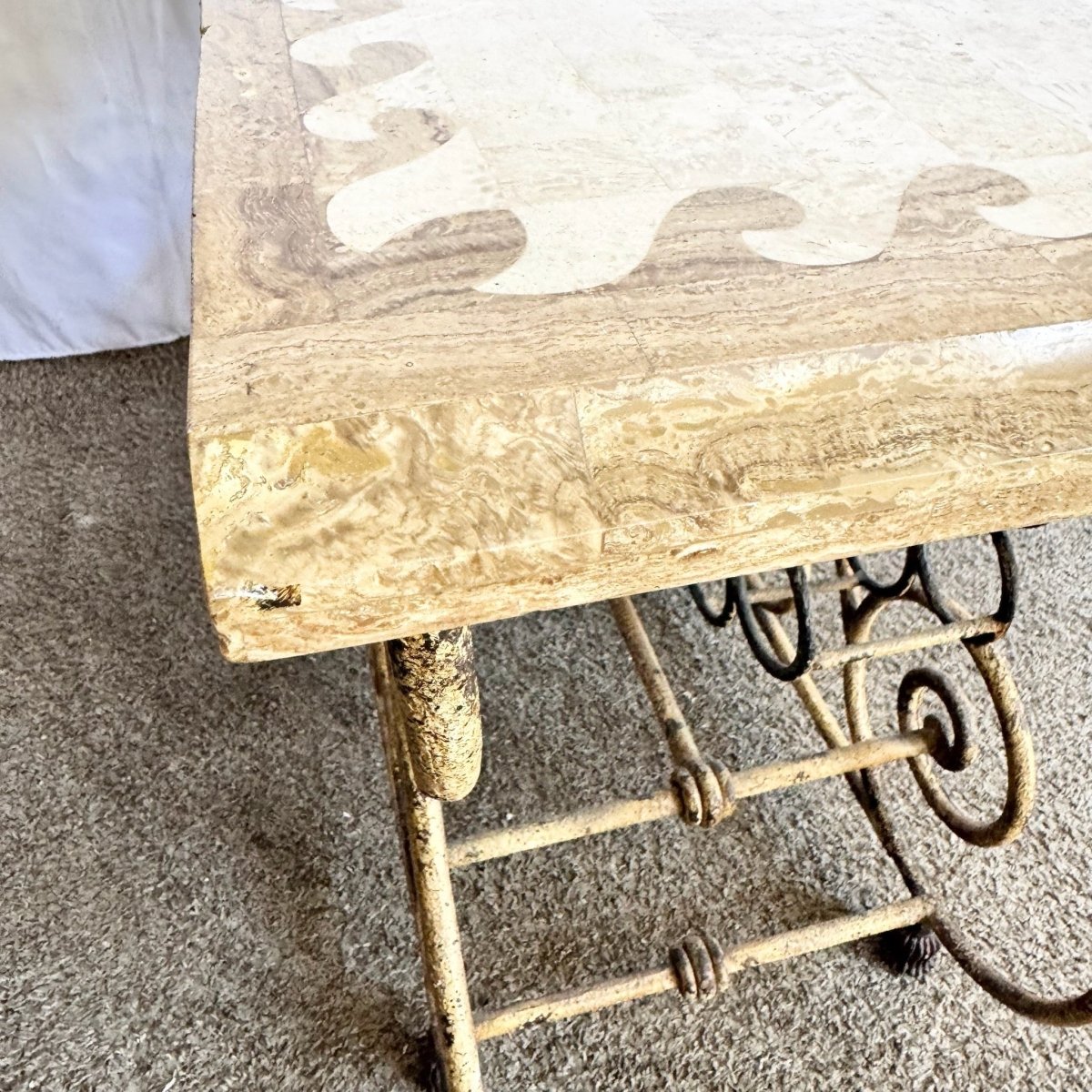 Vintage Wrought Iron Console Table With Tessellated Stone Top and Wine Rack - Dolphin & Flamingo