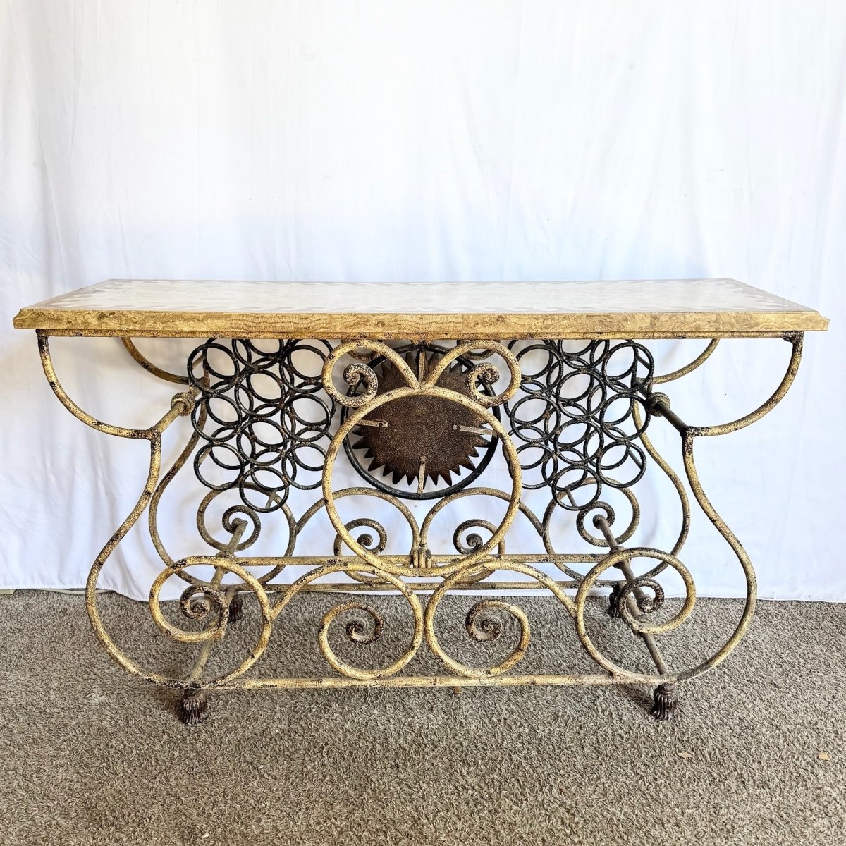 Vintage Wrought Iron Console Table With Tessellated Stone Top and Wine Rack - Dolphin & Flamingo