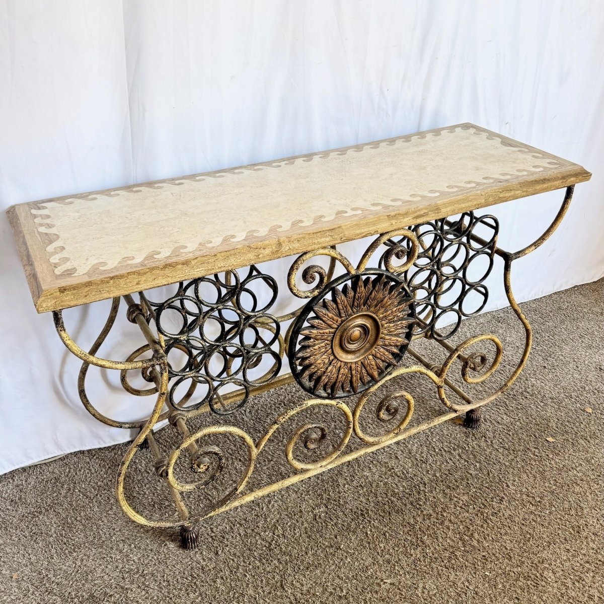 Vintage Wrought Iron Console Table With Tessellated Stone Top and Wine Rack - Dolphin & Flamingo