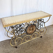 Vintage Wrought Iron Console Table With Tessellated Stone Top and Wine Rack - Dolphin & Flamingo