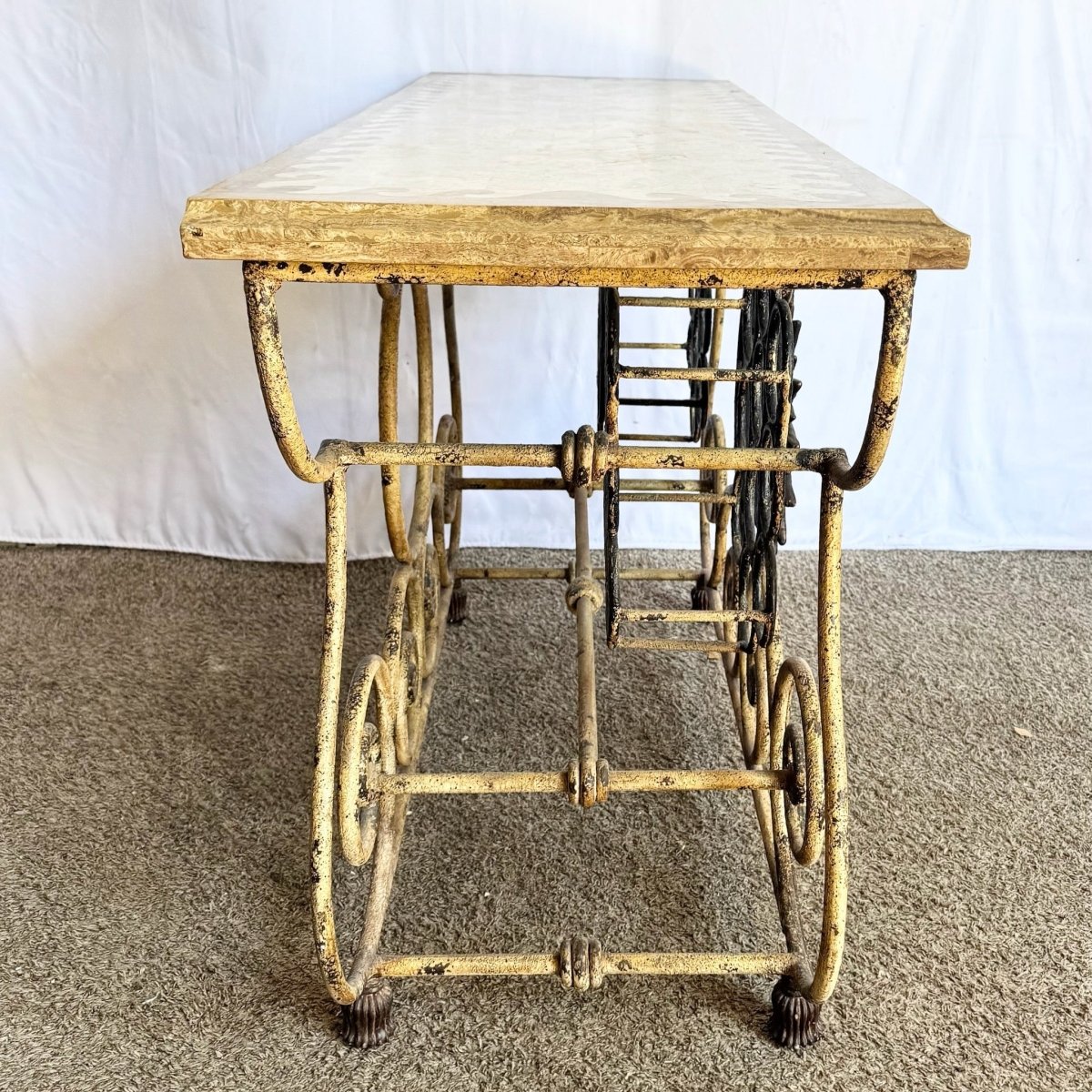 Vintage Wrought Iron Console Table With Tessellated Stone Top and Wine Rack - Dolphin & Flamingo