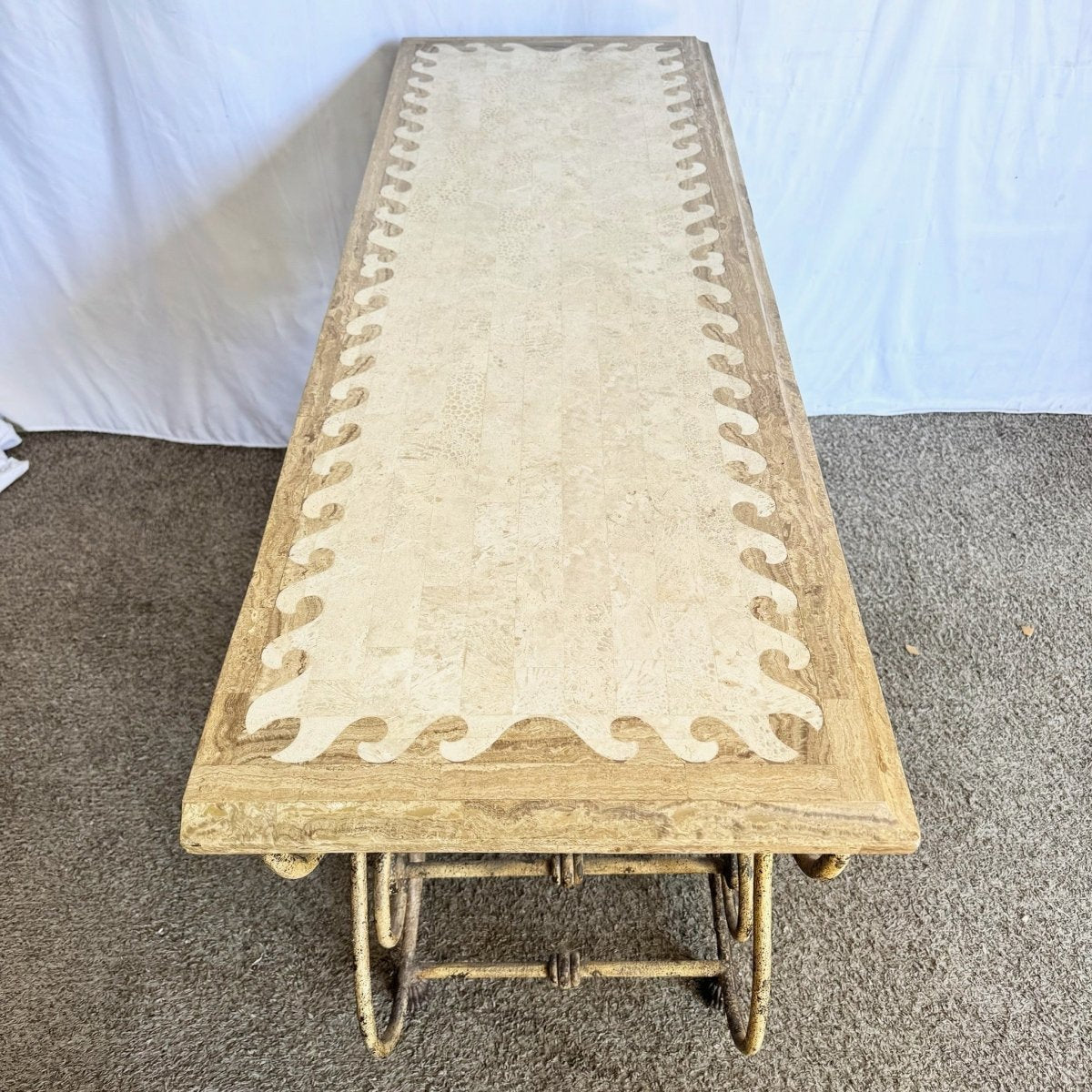 Vintage Wrought Iron Console Table With Tessellated Stone Top and Wine Rack - Dolphin & Flamingo