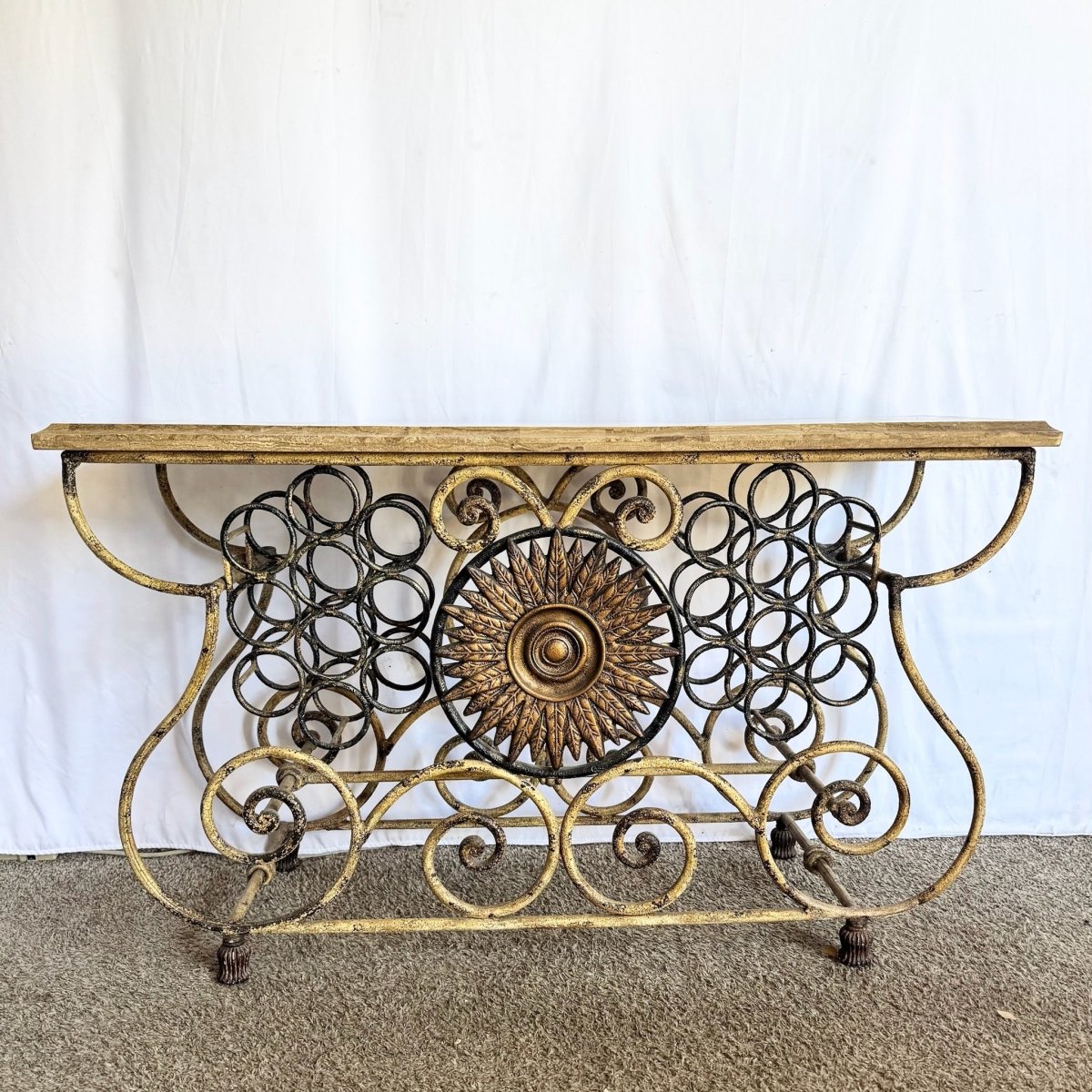 Vintage Wrought Iron Console Table With Tessellated Stone Top and Wine Rack - Dolphin & Flamingo