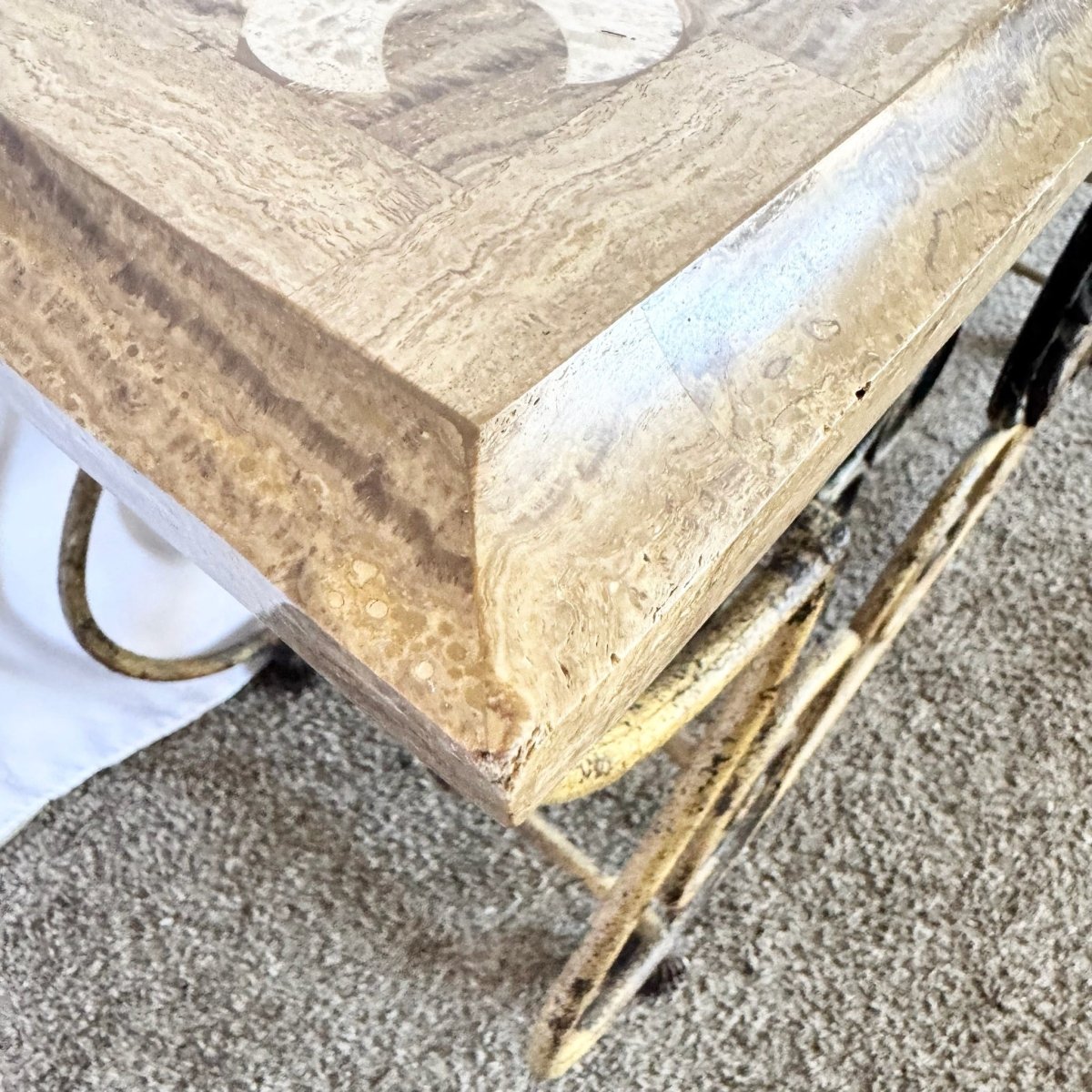 Vintage Wrought Iron Console Table With Tessellated Stone Top and Wine Rack - Dolphin & Flamingo