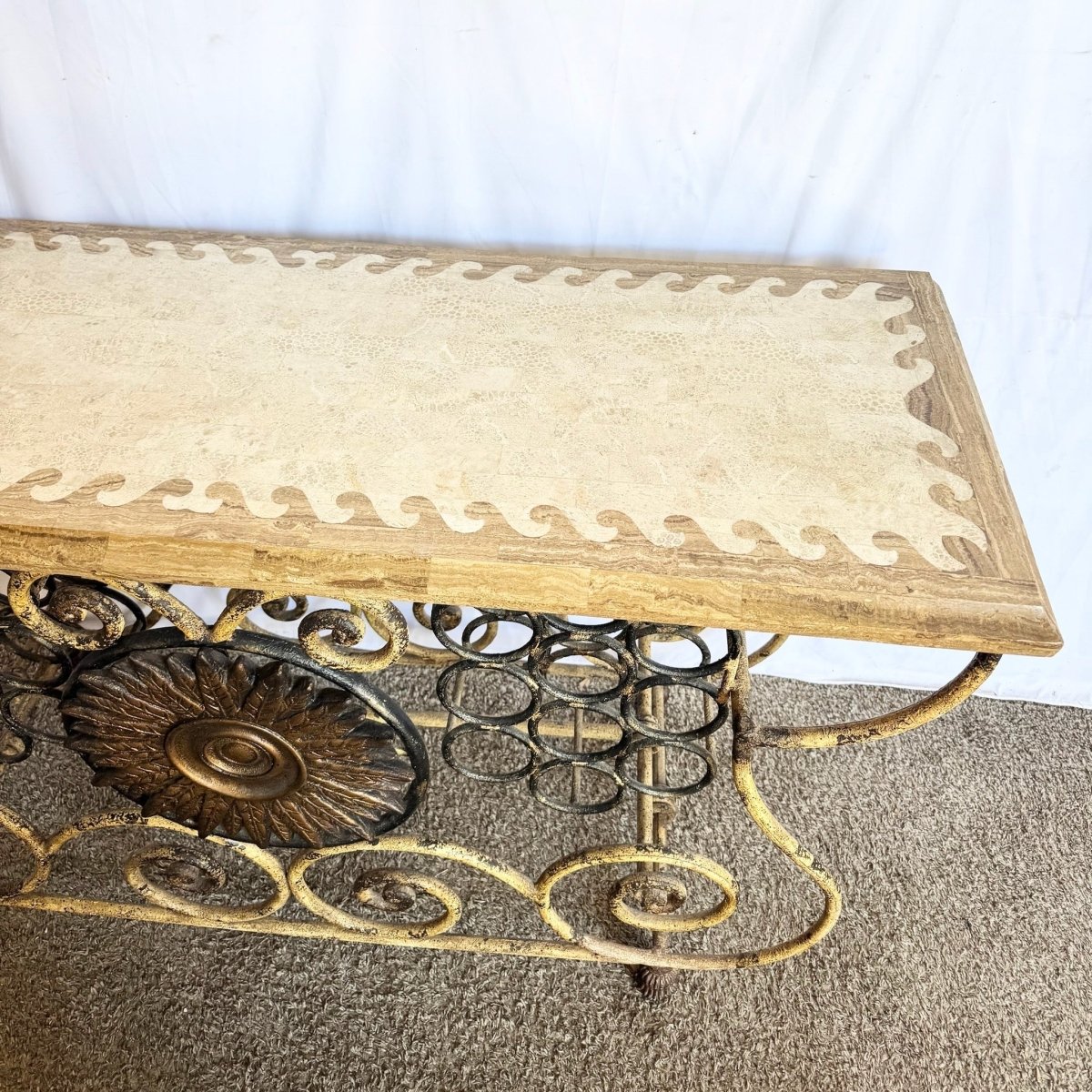 Vintage Wrought Iron Console Table With Tessellated Stone Top and Wine Rack - Dolphin & Flamingo