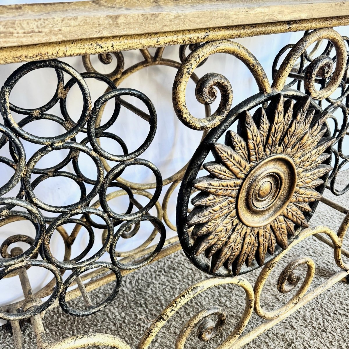 Vintage Wrought Iron Console Table With Tessellated Stone Top and Wine Rack - Dolphin & Flamingo