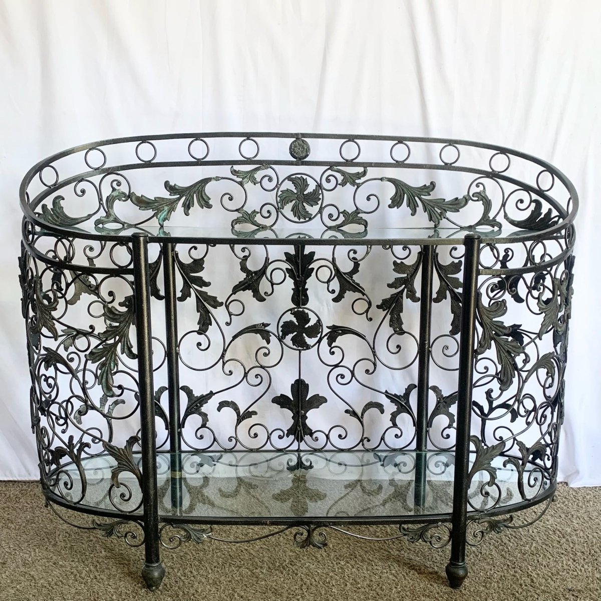 Vintage Wrought Iron Oval Two Tier Glass Top Console Table by Mainland Smith - Dolphin & Flamingo