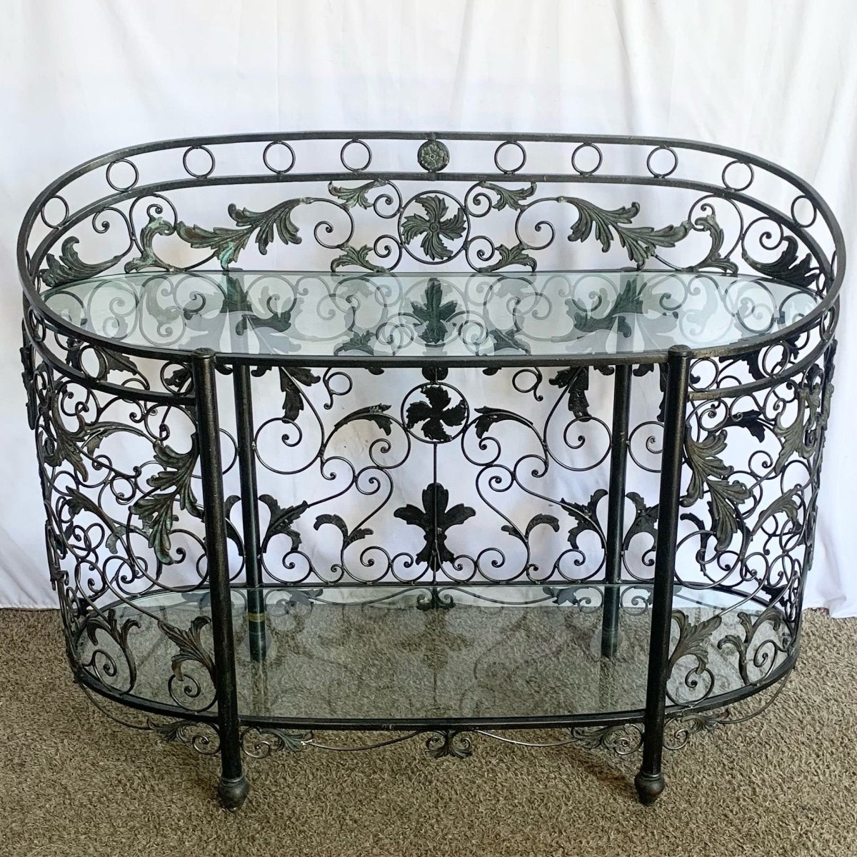 Vintage Wrought Iron Oval Two Tier Glass Top Console Table by Mainland Smith - Dolphin & Flamingo
