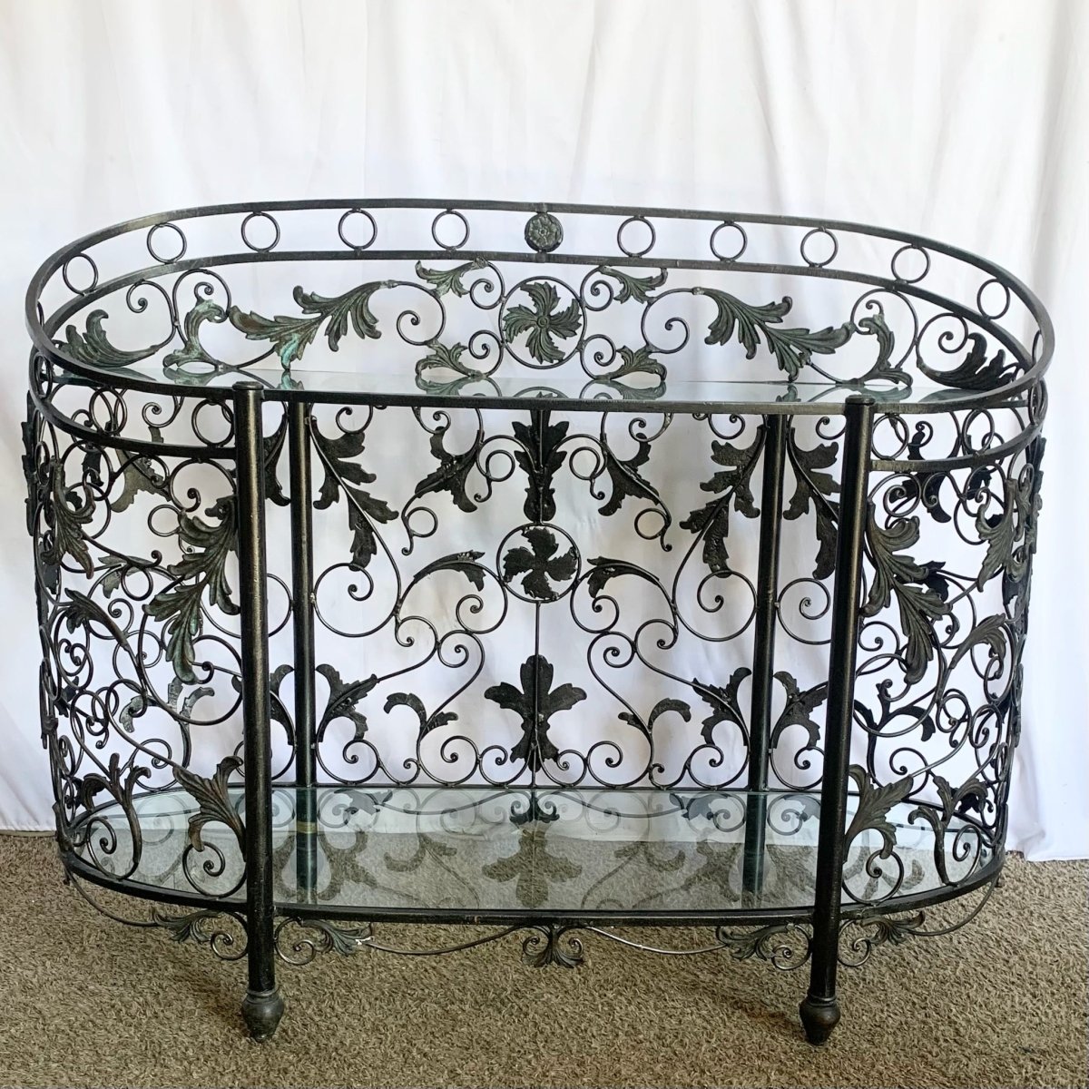Vintage Wrought Iron Oval Two Tier Glass Top Console Table by Mainland Smith - Dolphin & Flamingo