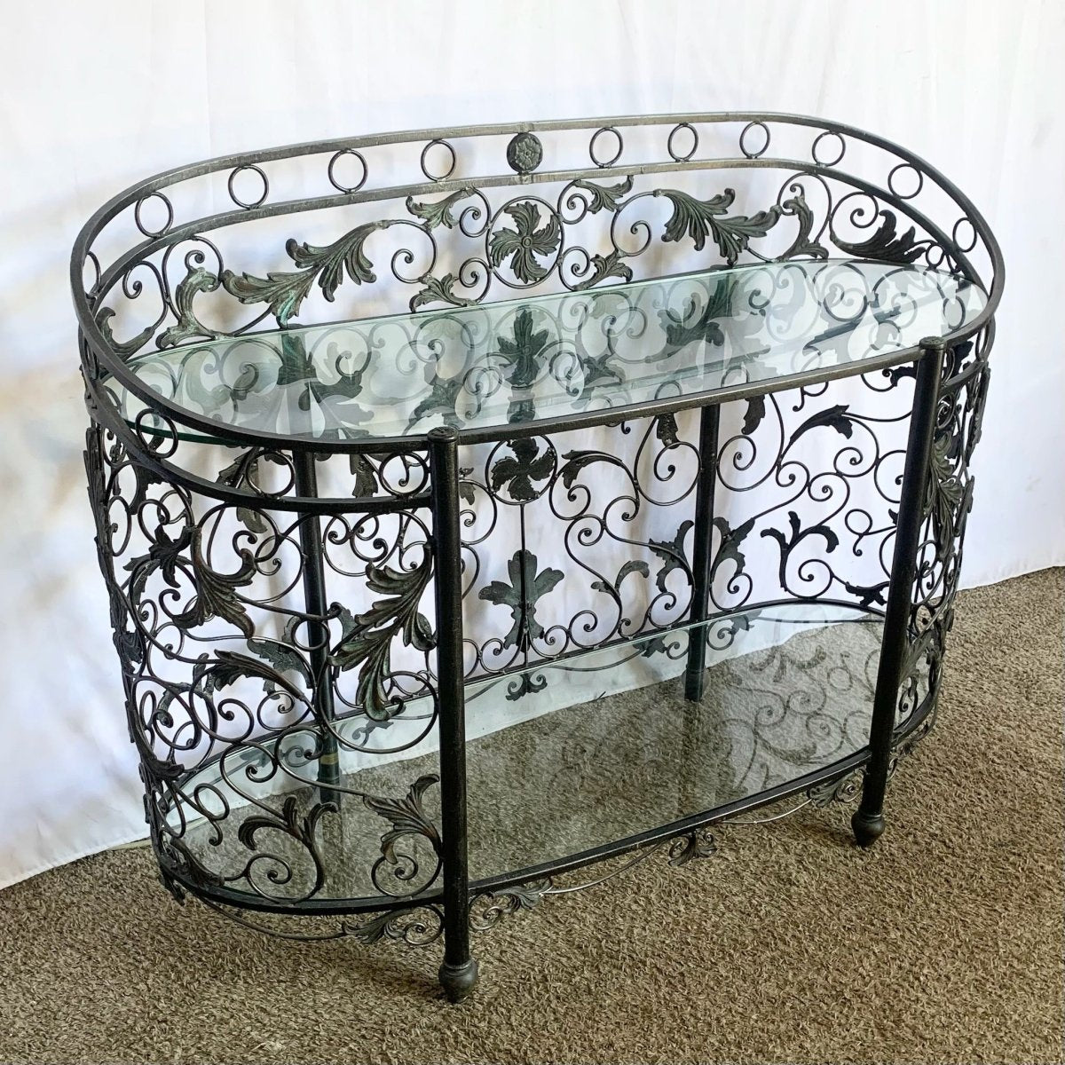 Vintage Wrought Iron Oval Two Tier Glass Top Console Table by Mainland Smith - Dolphin & Flamingo