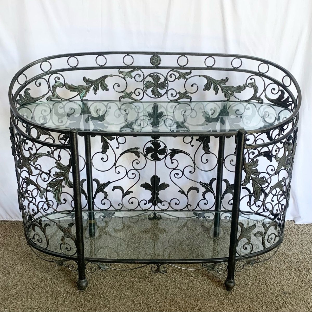 Vintage Wrought Iron Oval Two Tier Glass Top Console Table by Mainland Smith - Dolphin & Flamingo