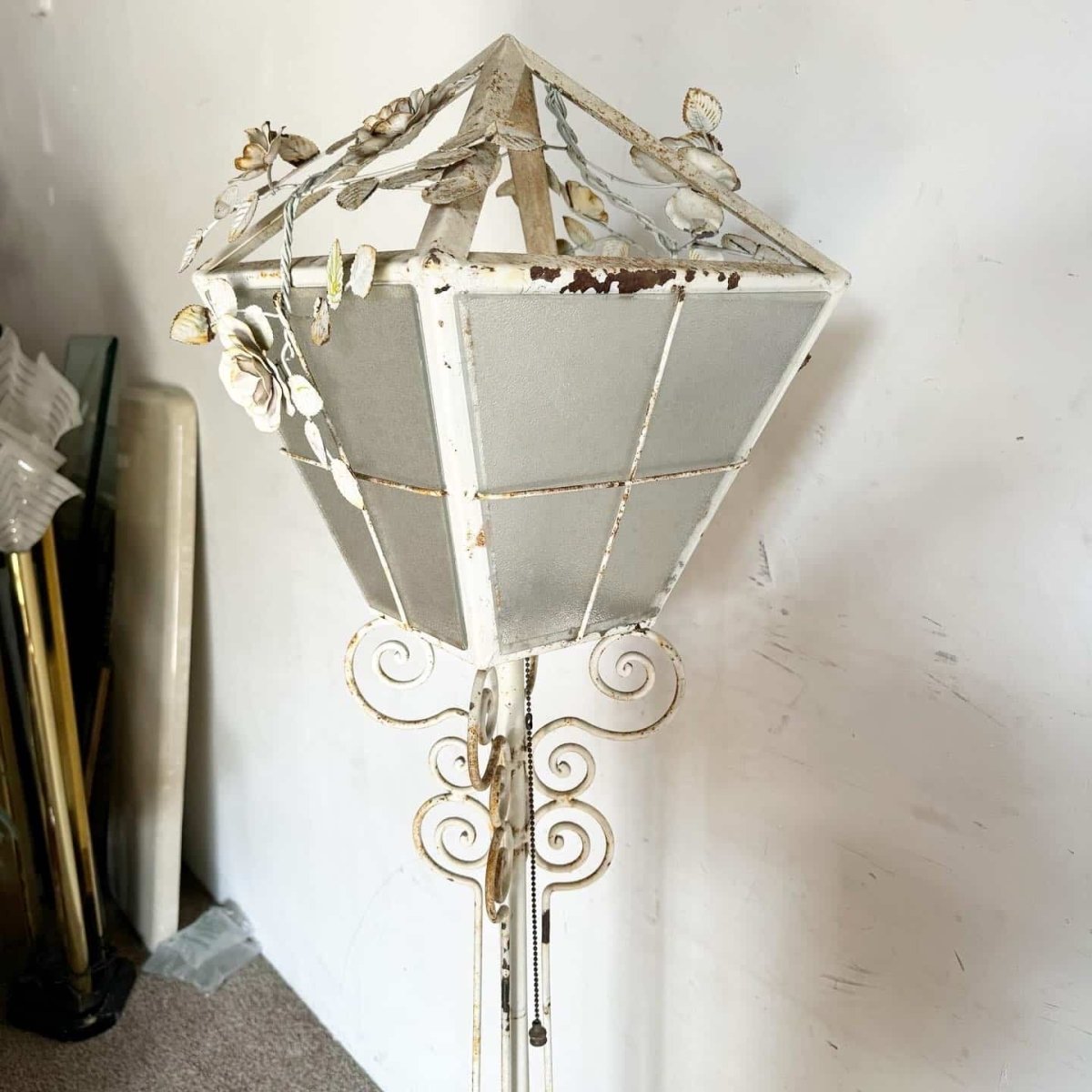 Vintage Wrought Iron Painted White Floor Lamp - Dolphin & Flamingo