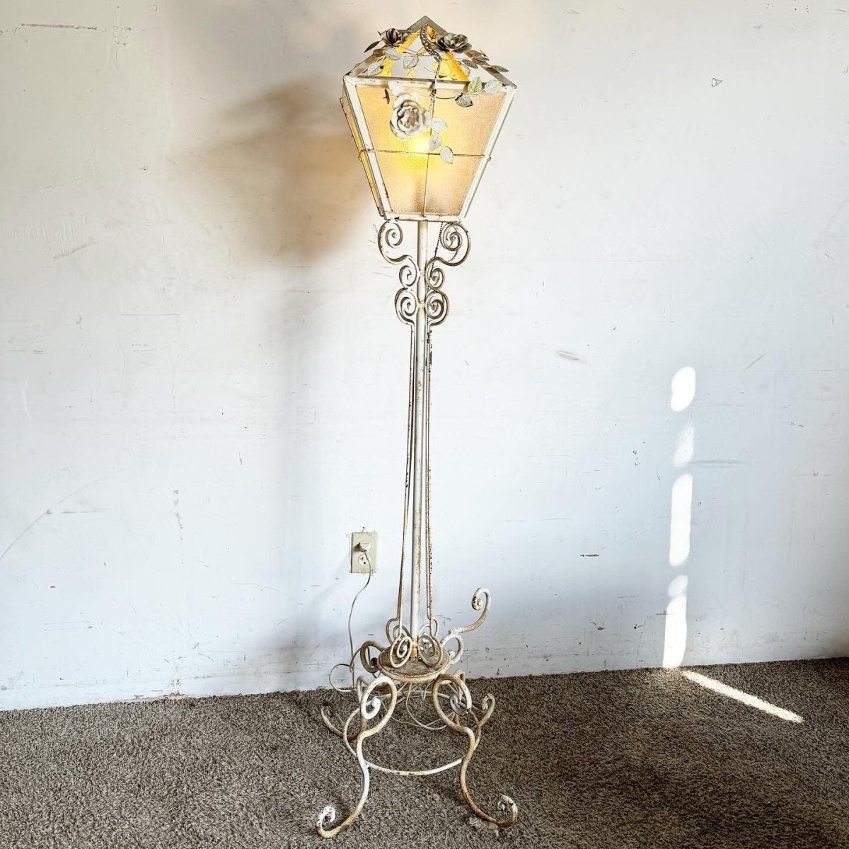 Vintage Wrought Iron Painted White Floor Lamp - Dolphin & Flamingo