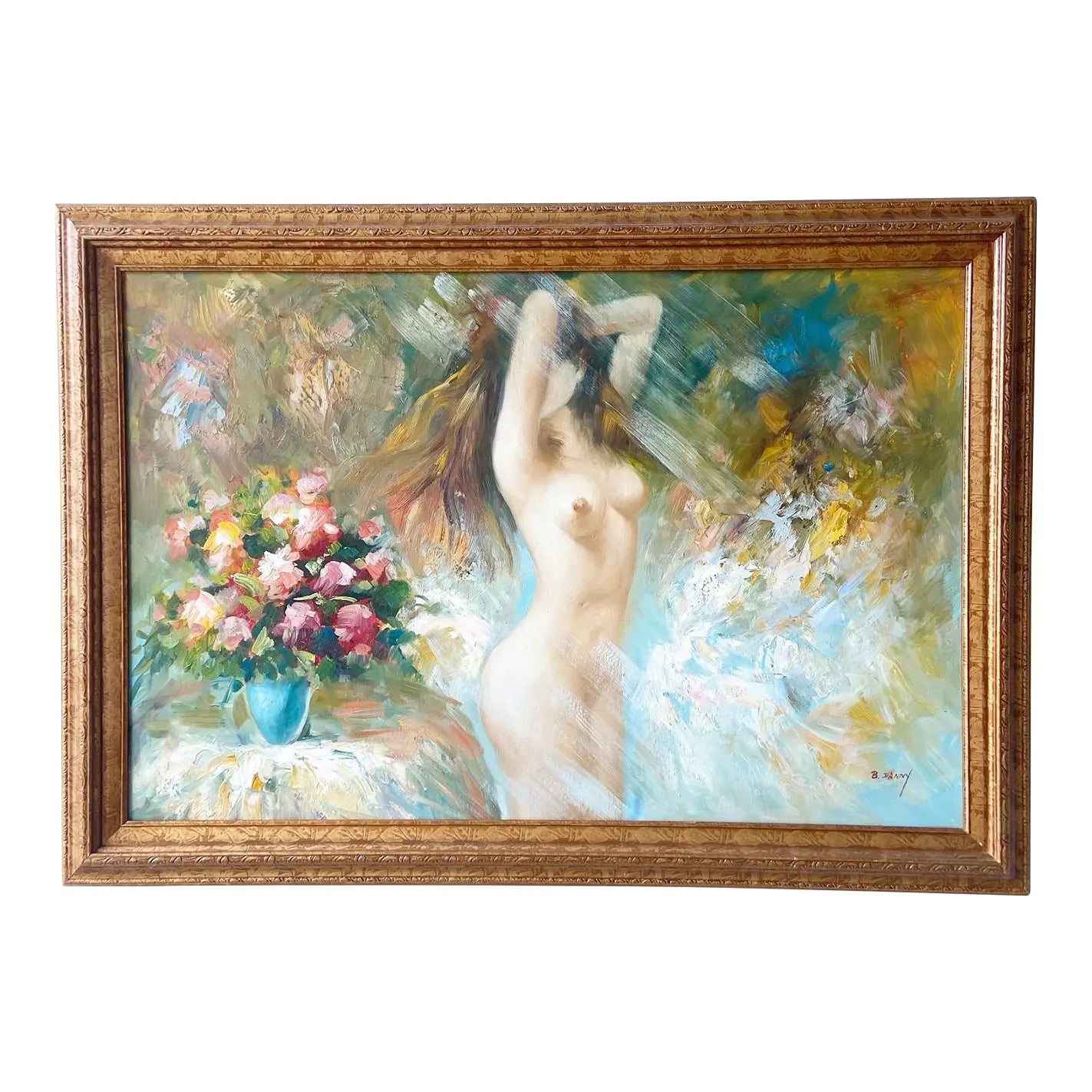 Woman With Flowers, Framed and Signed Oil Painting by B. Danny - Dolphin & Flamingo