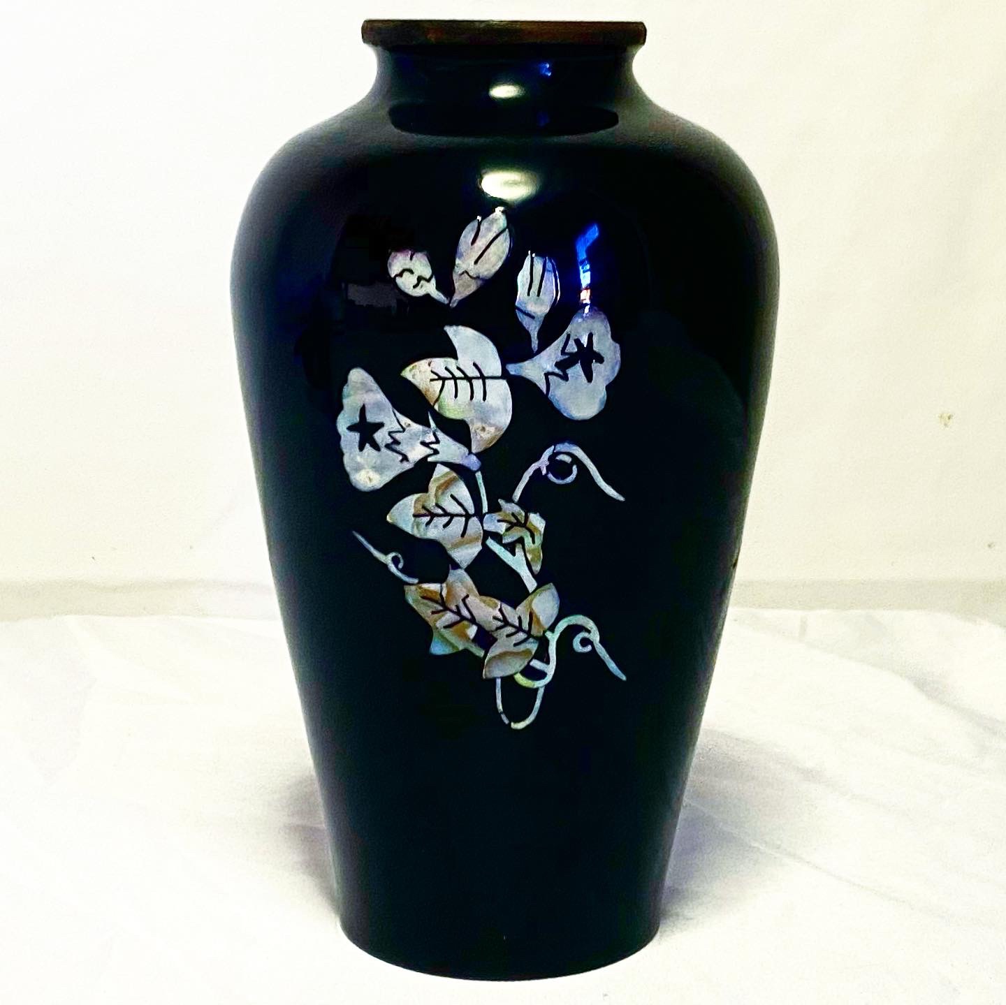 vintage India brass vase, black enamel w/ etched floral retro bohemian decor
